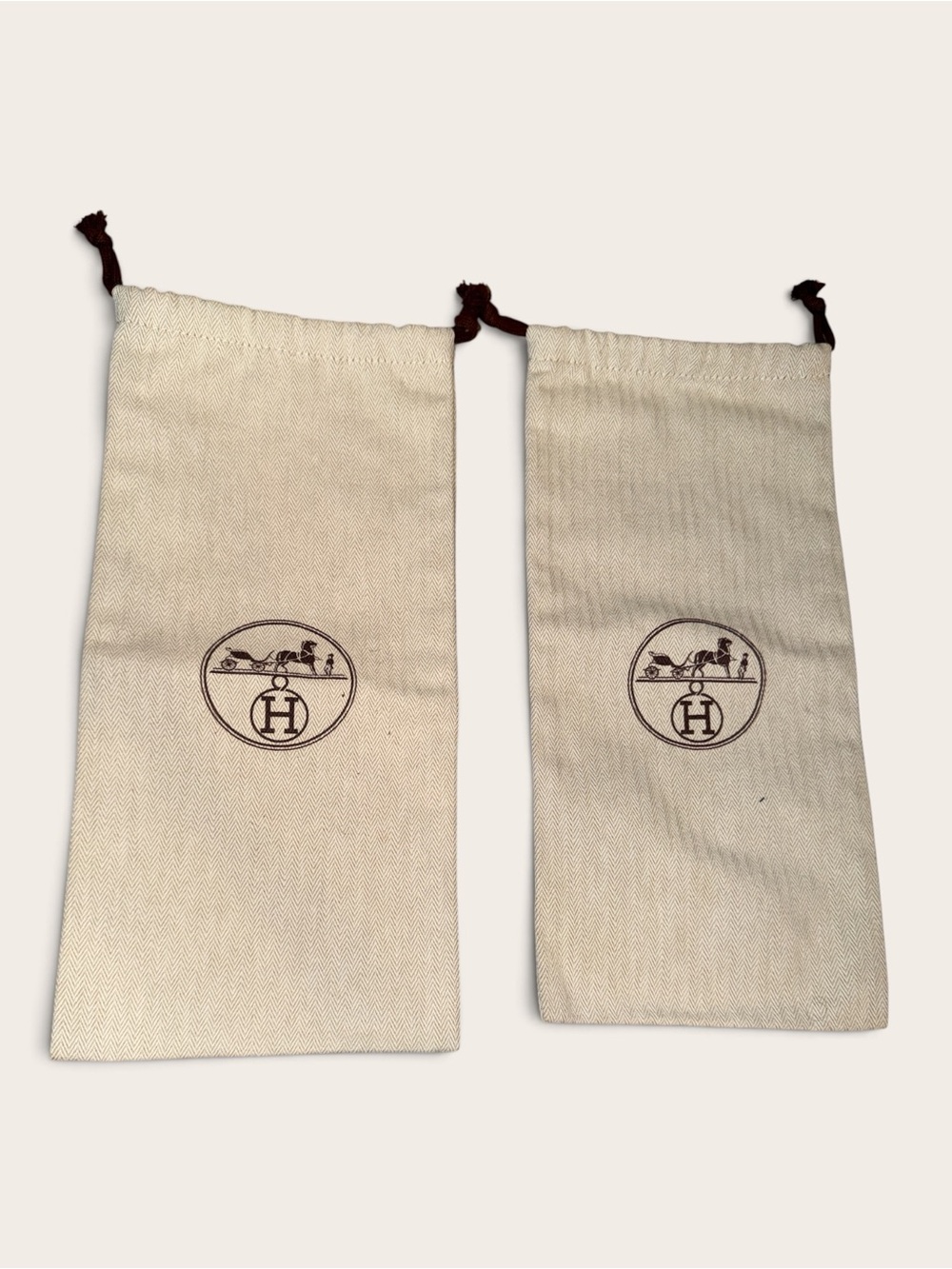 Hermes Cream Canvas Drawstring Shoe Dust Bags with Brown Logo